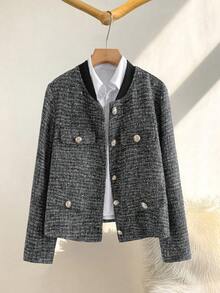 Zelara Plus Size Women Metal Button Decor Casual Jacket, Black Top, Holiday Social Formal Wear Elegant Thanksgiving Winter Jacket - Black - View 4