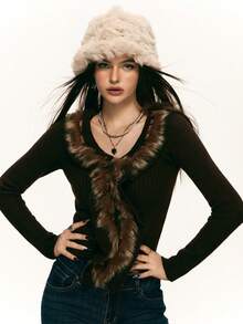 Rina Fox 棕色毛绒荷叶边修身女式短款毛衣 - 咖啡棕 - 查看 1