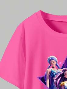 Sparklyn 两件套休闲时尚女童T恤套装，卡通人物和女孩图案，宽松圆领短袖T恤和打底裤，适合春、秋、冬三季穿着。 - 彩色 - 查看 3