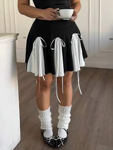 POPSWAY Plus Size Casual Cinched Waist Contrast Color Patchwork A-Line Skirt Shorts - Black and White - View 4