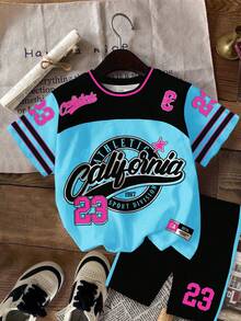 SHEIN Leap Crew 2件套少女休闲复古字母数字徽章图案短袖宽松T恤和打底裤套装，适合夏季运动休闲穿着，轻松舒适，休闲运动套装，嘻哈运动服，少女运动套装，少女运动服套装 - 彩色 - 查看 2