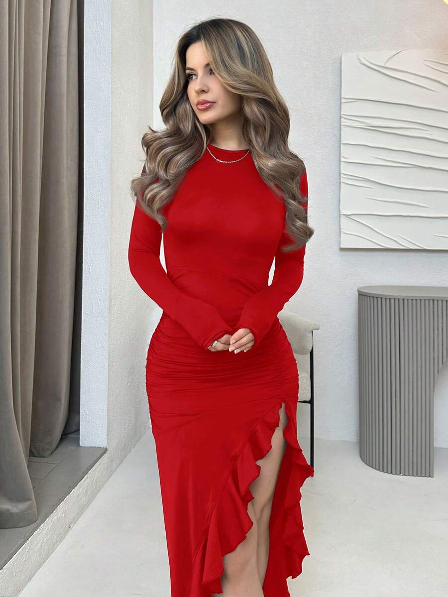 Jemour Women Dresses Asimetris Ruched Split Thigh Plain Anggun - Merah - View 1