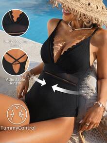 Brillora 女士优雅黑色连体泳衣，适合春夏度假、海滩、约会，深V领设计，提花针织弹力腰带装饰，时尚显瘦 - 黑色 - 查看 1