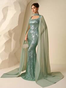 Coutiva Váy dài tay đính sequin thanh lịch, váy dạ hội cao cấp cho tiệc tối - màu xanh lá - Xem 5