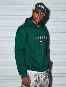 Modcrash 男士休闲简约标语印花保暖连帽卫衣，秋冬季，复古美式，男女通用，宽松版型夏季服装——适合日常穿着和夏季度假服装。 - 綠色 - 查看 5