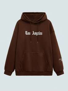 Modcrash 男士洛杉矶字母口袋连帽卫衣，秋冬新品 - 棕色 - 查看 1