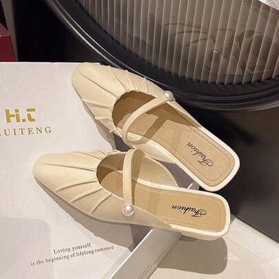 Los perezosos franceses tienen una suela plateada y plana, Baotou plisado y media zapatilla, y las mujeres usan zapatos Mueller de estilo Hada con red Roja de verano, Bailarinas de mujer