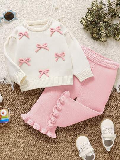 Sparklyn Sött och sött, avslappnat set med 3D-rosett och kontrastfärgade volanger för lös stickning för unga flickor