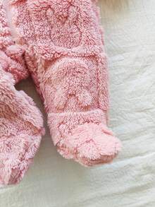 SHEIN Vintaside Kids Newborn Simple Stylish Cute Polka Dot Long Sleeve Hooded Fleece Romper Pajamas - Pink - View 10