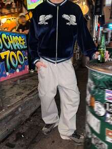 DAZY Autumn Velvet Fabric Embroidered Pattern Navy Blue Men's Jacket And Coat - Navy Blue - View 6