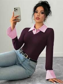 SHEIN PETITE 女款粉色與白色條紋長袖連身衣，秋季優雅辦公室返校商務休閒學院風，AB拼接領喇叭袖口 - 中紫紅色 - 查看 7
