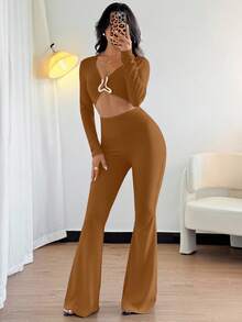 Chiquease Sexy Women's Black High Stretch Jumpsuit With Front & Middle Metal Decor Buckle, Casual European & American Style - Camel - View 3