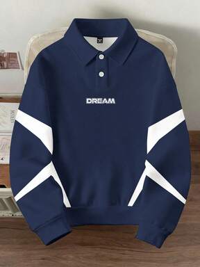 Manfinity Joysei بلوزة بولو كاجوال بأكمام طويلة مطبوع عليها حرف