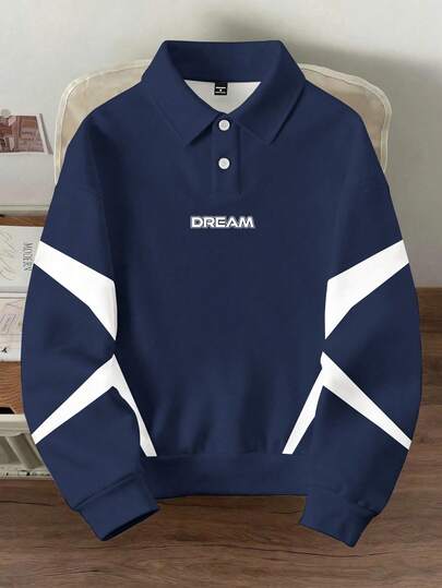 Manfinity Joysei 男士字母印花 Polo 领长袖休闲套头卫衣