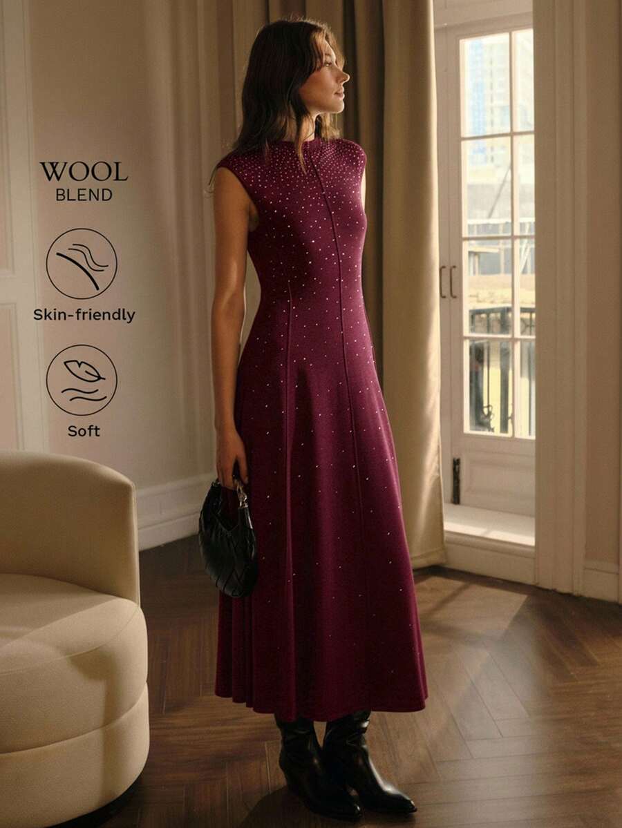 MOTF PREMIUM KNITTED SLEEVELESS RHINESTONE EMBELLISHED SWEATER DRESS - Burgundy - View 1
