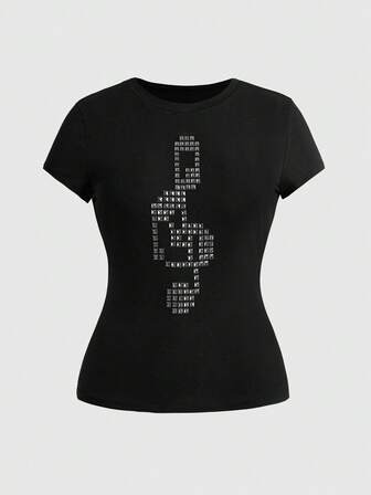 Grunge Punk Maglietta aderente da donna taglie forti, stile Y2K punk, con design a note musicali e borchie, colore unito versatile