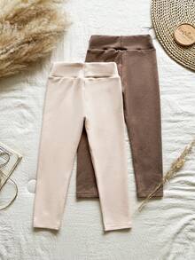 SHEIN Vintaside Kids 两件装女童打底裤，饰有心形刺绣图案，天鹅绒内衬，适合日常休闲穿着，秋冬季节适用。 - 棕色 - 查看 2