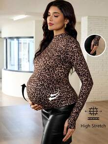 MaterniWear Spring Women ,Office, Business Maternity Work Top Casual Woman, Fall ,Autumn ,Pregnant Women's Fashionable Leopard Print Fitted Long Sleeve T-Shirt, Autumn Maternity Top For Women Leopard Print Top Cheetah Print Top Fall Winter - Brown - View 1
