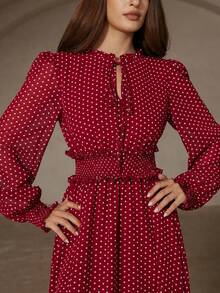 BELROSIE Wine Red Elegant Vintage Polka Dot Random Print Drawstring Waist Frill Trim Long Sleeve Dress - Multicolor - View 2