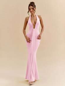 SHEIN BAE 黄色奶油色性感深V领优雅吊带长裙，适合春夏穿着 - 珊瑚粉 - 查看 7