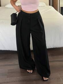 Sunnyshic 大码女式纯色复古学院风百搭浪漫可爱纽扣前褶阔腿弹力腰宽松休闲裤，适合春、夏、秋季工作和通勤穿着。 - 黑色 - 查看 5