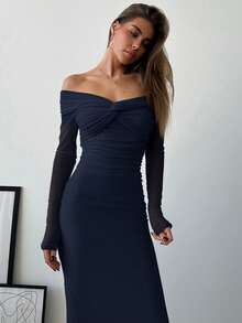 Aloruh Off-Shoulder Mesh-Twist-Rüschenkleid, romantisches Abendkleid mit langen Ärmeln