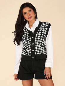 Coeurva 春季千鸟格印花背心外套（不含衬衫） - 黑與白 - 查看 5