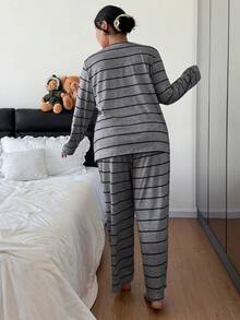 SHEIN Doze Lane Women Plus Size Casual Striped Long Sleeve Top And Pants Pajama Set, Winter Clothes - Multicolor - View 2