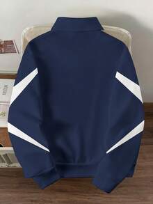 Manfinity Joysei 男士字母印花 Polo 领长袖休闲套头卫衣 - 藏蓝色 - 查看 2