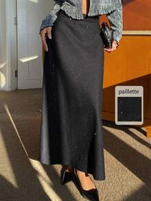 Livesso Elegant Black Sequin Embellished Skirt, Suitable For New Year, Christmas, Wedding, Party, Formal Occasions, Autumn/Winter - Black - View 1