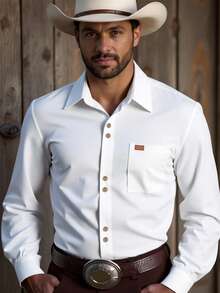 Manfinity Nomadique Men's Long Sleeve Single-Breasted Pocket Casual White Contrast Fabric Shirt Men White Long Sleeve Shirt White Collar Shirt Mens White Shirt Blouses For Men White Dress Shirt Men - White - View 5