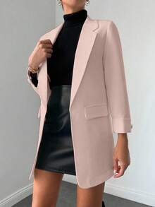 SHEIN Cottnline 女士纯色翻领长袖休闲办公西装外套 - 杏色 - 查看 3