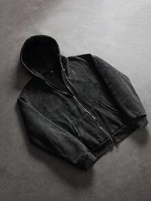 SLATEMANN Manfinity Streetrush 男士街头风格流行 INS 搭配水洗复古深色哥特式休闲街头服饰，男友/丈夫礼物，周年纪念礼物，时尚拉链黑色水洗连帽衫，秋冬 - 黑色 - 查看 1