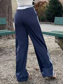 Jeta Ari Pantalon droit à taille basse pour femmes, imprimé numérique contrasté rayé, style sportif automnal. Idéal pour la rentrée, le style de rue, le look Y2K chic automnal - Bleu marine - Voir 2