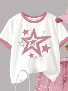 SHEIN Leap Crew 2件套复古拼接星形图案少女休闲圆领短袖T恤和短裤套装，夏季 - 彩色 - 查看 4