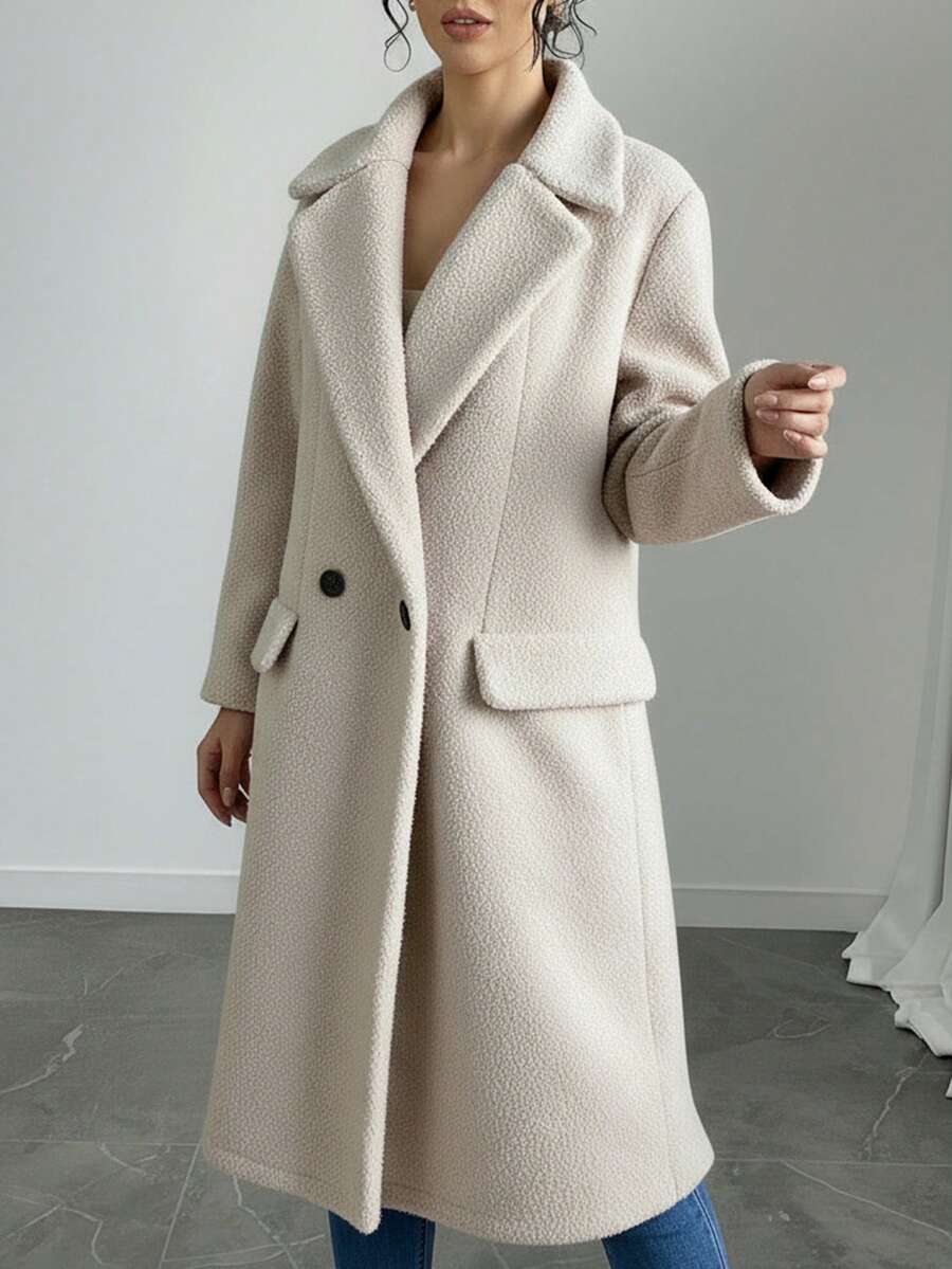 EURMUSE 秋冬女士灰色双排扣长袖印花大衣 - 米色 - 查看 1