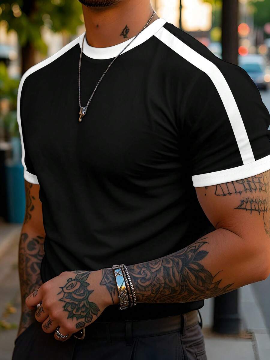 Manfinity 男士休闲撞色条纹圆领T恤 - 黑色 - 查看 1