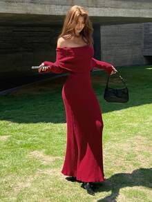 DAZY Women's Off-Shoulder Wrap Maxi Sweater Dress - Red - View 7