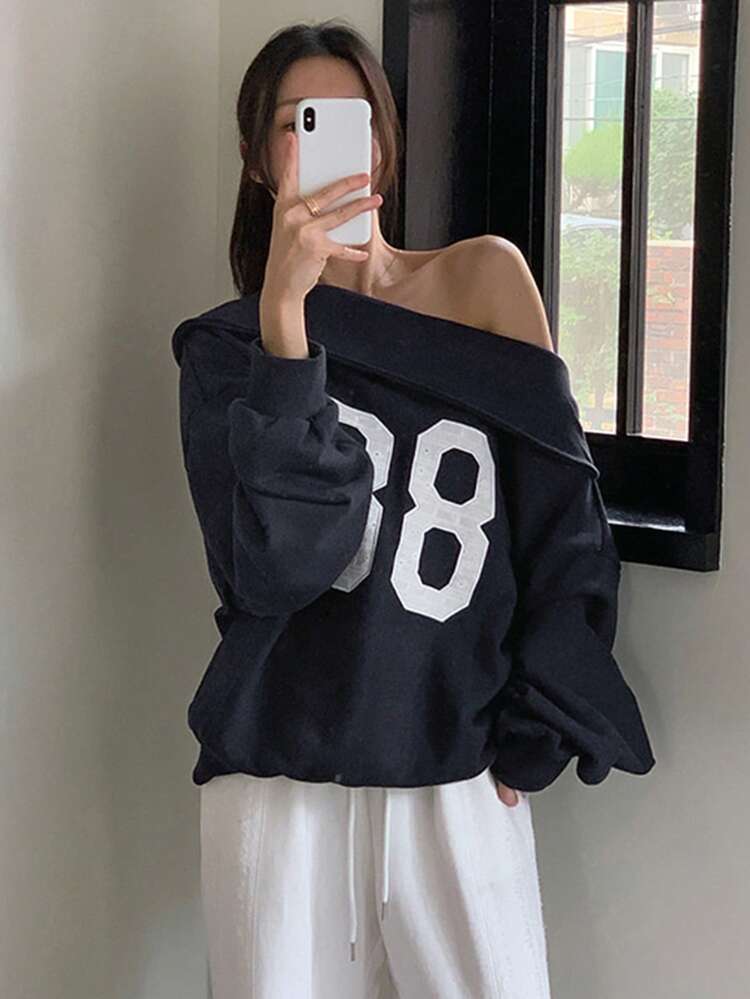 Vintage Oversized Asymmetrical Shoulder Ribbed Hem Letter Print Long Sleeve Sweatshirt For Women