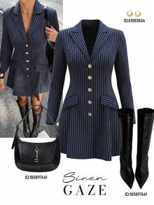Siren Gaze Women's Casual Striped Mandarin Collar Single-Breasted Blazer Jacket, Autumn Blazer Dress Suit Dress Pinstripe Blazer Dress Business Casual Dress Elegant Dresses For Women Formal Dresses For Women Graduation Guest Dress Old Style Blue - Navy Blue - View 1