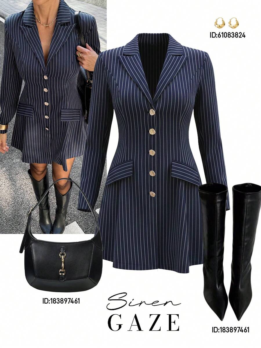 Siren Gaze Women's Casual Striped Mandarin Collar Single-Breasted Blazer Jacket, Autumn Blazer Dress Suit Dress Pinstripe Blazer Dress Business Casual Dress Elegant Dresses For Women Formal Dresses For Women Graduation Guest Dress Old Style Blue - Navy Blue - View 1
