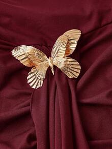 SHEIN MOD Váy không tay nhún bèo họa tiết bướm thanh lịch dành cho nữ - Màu Đỏ Sâu - Xem 3