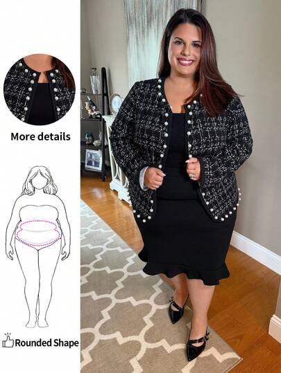 Enliva Jennifer_samantha_style Plus Size Women Tweed Print Beaded Decor Jacket, Suitable For Teachers, For Apple Rounded Body Shape