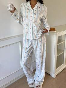 Aloruh 2pcs Thermal Lined Blue Striped Print Long Sleeve Shirt And Pants Casual Set, Suitable For Home Or Outdoor Wear, Autumn/Winter,Casual Sets For Women - Multicolor - View 5