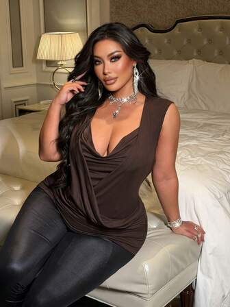 NU&NOW Plus Size Women Solid Color Ruched Draped Neck Camisole