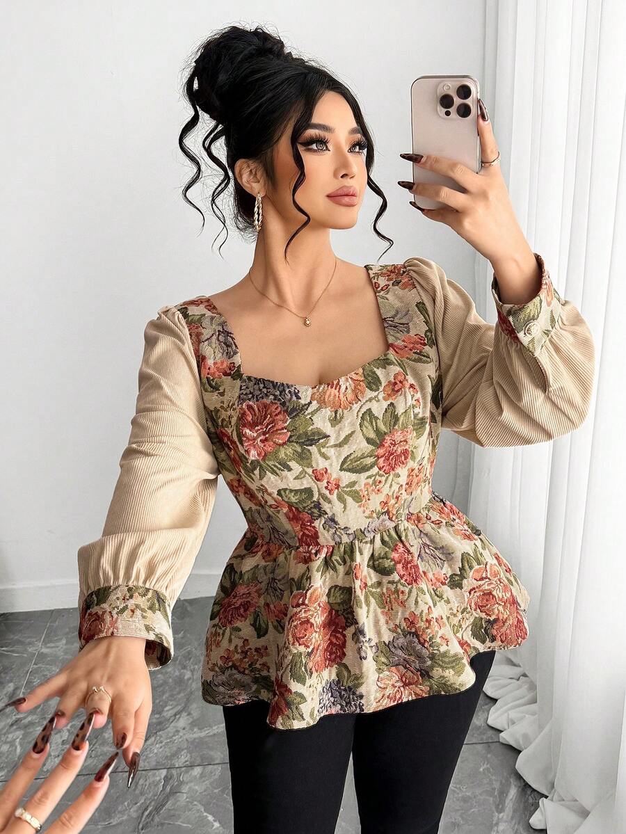 SHEIN Elenzya Blusa de manga larga con cuello cuadrado para mujer de talla grande, elegante y con estilo - Multicolor - Ver 1