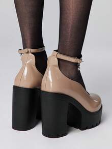 ROMWE Goth 女士闭趾朋克哥特玛丽珍鞋，粗带扣，厚底，JK制服款，防水，工作高跟鞋 - 卡其色 - 查看 5