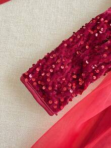 PrepCrw 年轻女孩优雅串珠网眼圆领泡泡袖派对连衣裙 - 紅色 - 查看 5