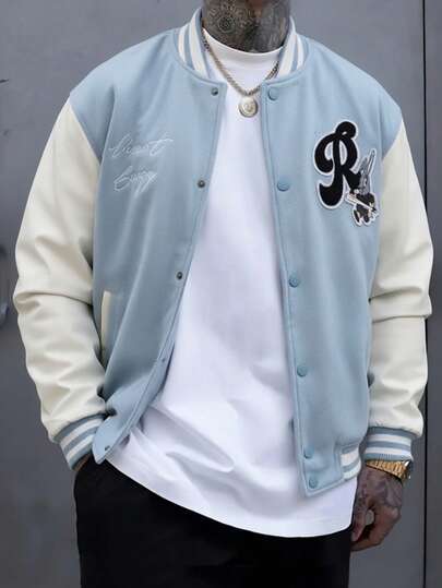 Chaqueta universitaria para hombre estilo casual juvenil con bordado creativo, ajuste holgado, cuello alto, manga larga, primavera otoño, uso diario, chamarra