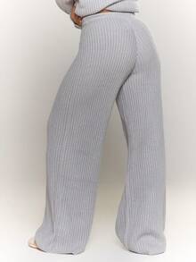 MUSERA Plus Size Knitted Fitted Wide Leg Trousers Everyday Casual Cozy Cute Evening Party Elegant Spring - Light Grey - View 2